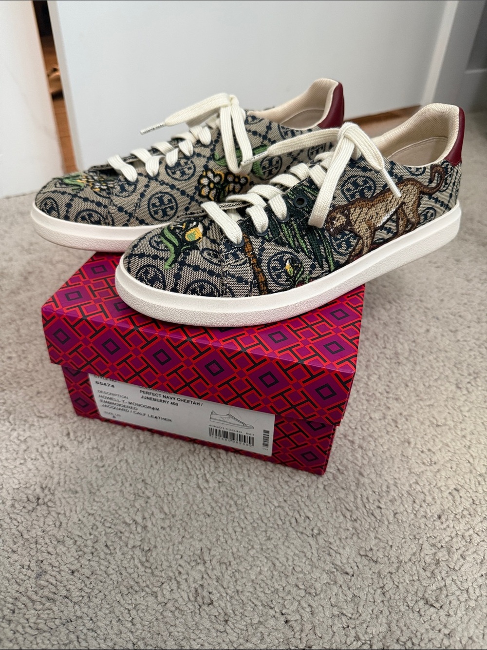 Tory Burch Howell T-Monogram Embroidered Jacquard in Navy Cheetah/Juneberry